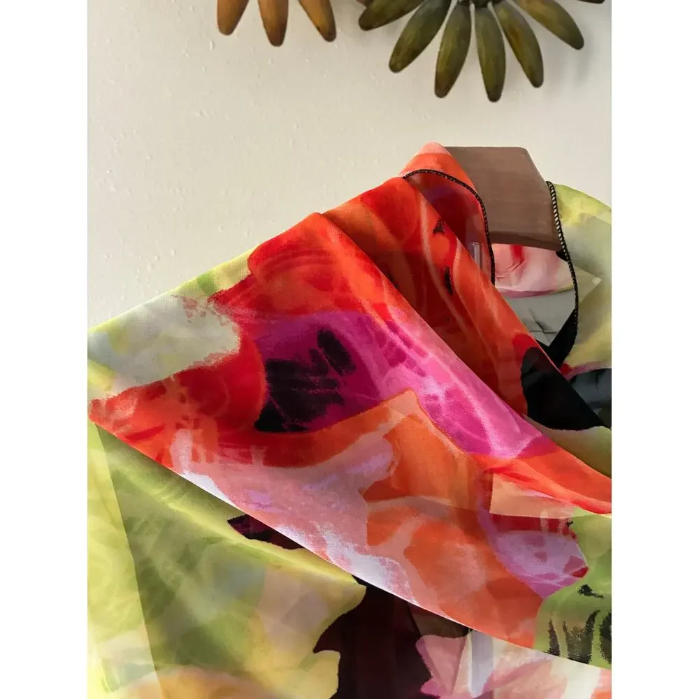 Colorful Chiffon Scarf Watercolor Floral Design Pink Orange Green Black 58